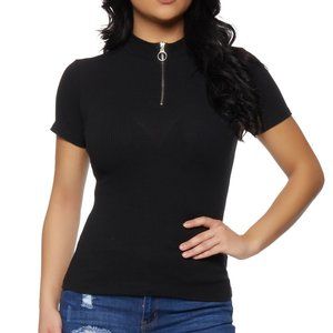 Zip Neck Short Sleeve Top in Black